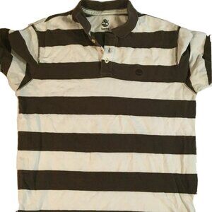Timberland Men's Brown White Stripe Polo Shirt Medium Cotton Blend Short Sleeves